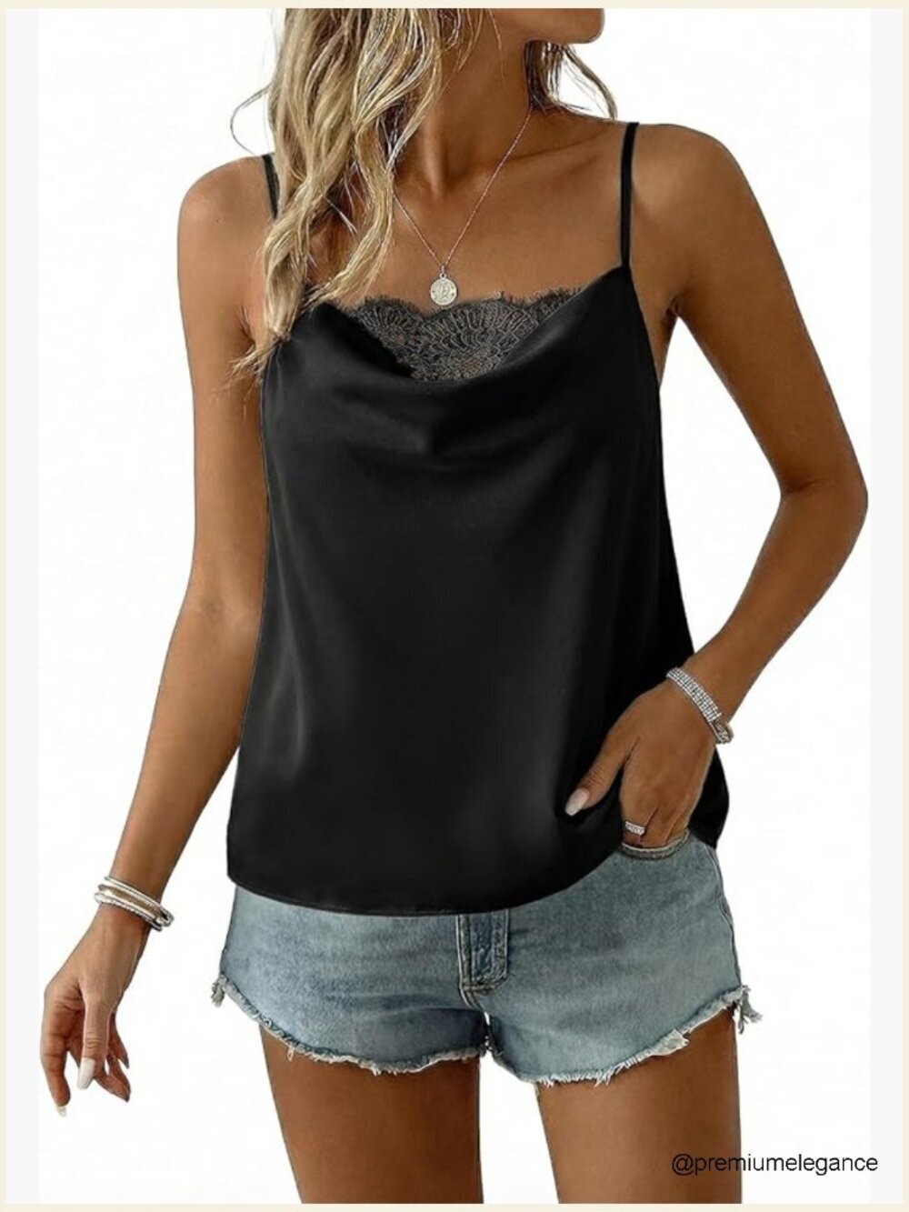 Lace Satin Cowl Neck Camisole Sleeveless Tank Top Dressy Cami